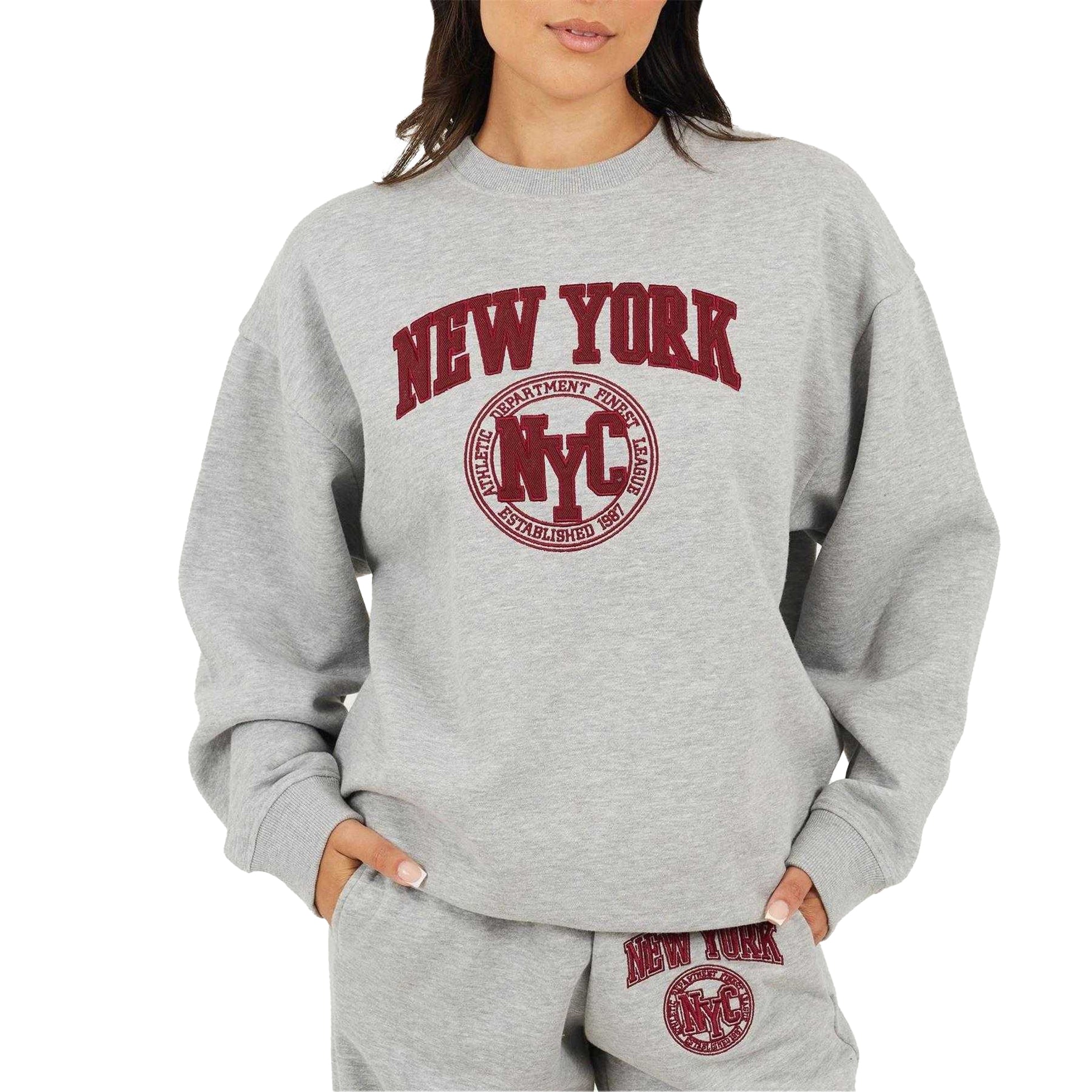 Grey Marl-Red - Front - Brave Soul Womens-Ladies New York Embroidered Sweatshirt