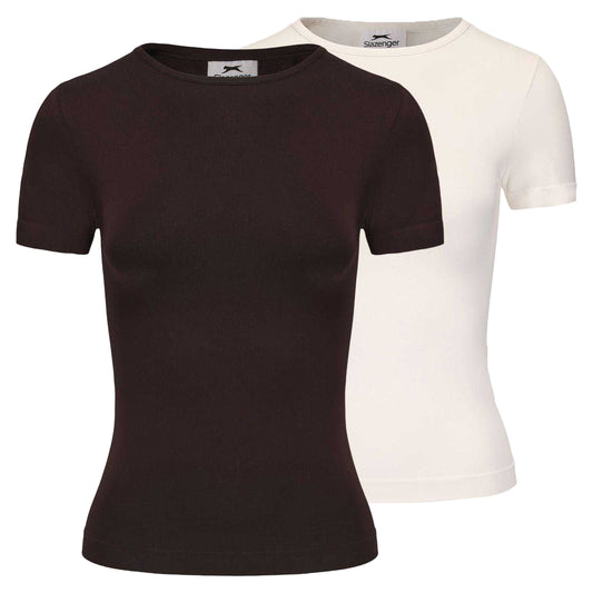 Chocolate-White - Front - Slazenger Womens-Ladies Crew Neck Slim T-Shirt (Pack of 2)