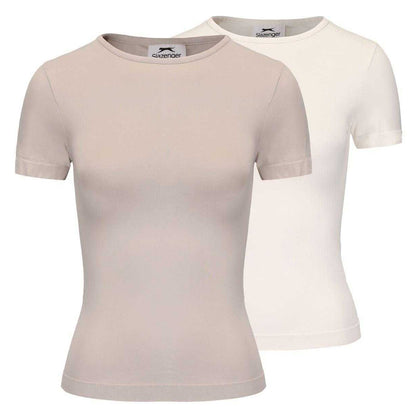 Beige-White - Front - Slazenger Womens-Ladies Crew Neck Slim T-Shirt (Pack of 2)