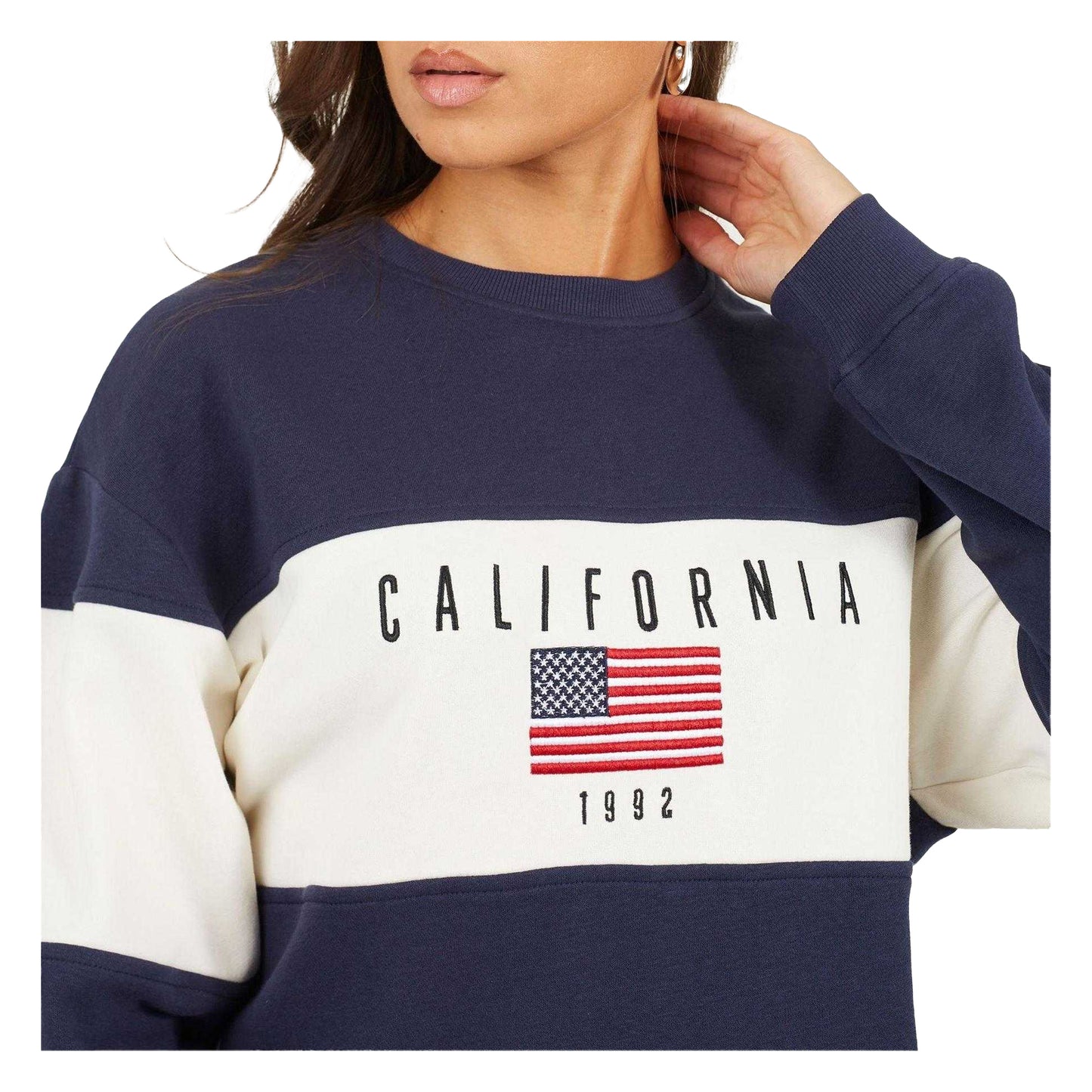 Navy-Cream - Side - Brave Soul Womens-Ladies Calfornia Embroidered Sweatshirt