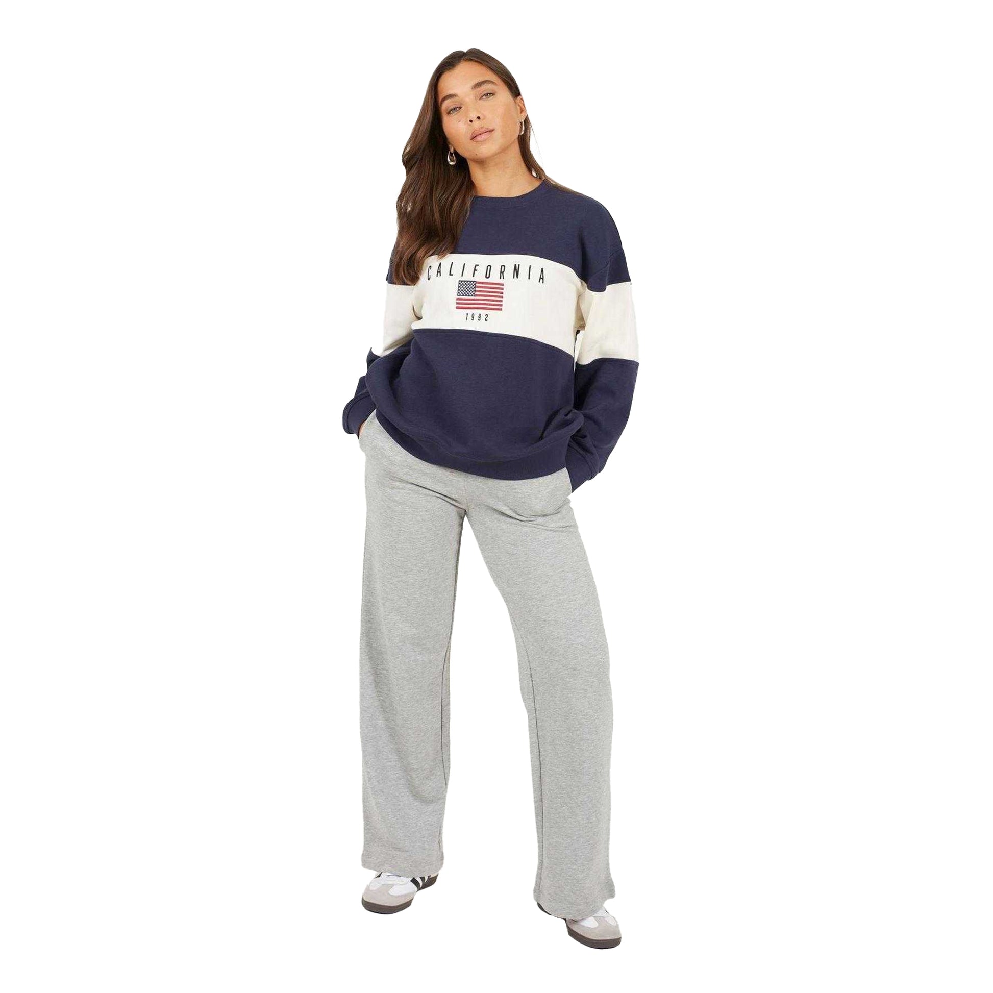 Navy-Cream - Lifestyle - Brave Soul Womens-Ladies Calfornia Embroidered Sweatshirt