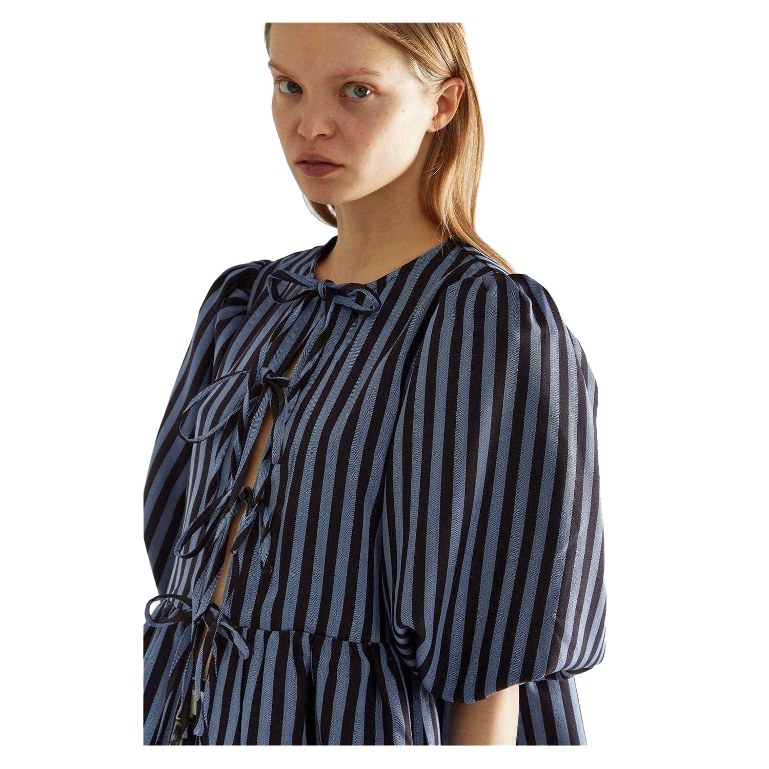 Blue - Side - Glamorous Womens-Ladies Striped Polyester Front Tie Puff Sleeve Top