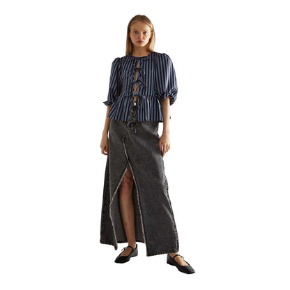 Blue - Lifestyle - Glamorous Womens-Ladies Striped Polyester Front Tie Puff Sleeve Top