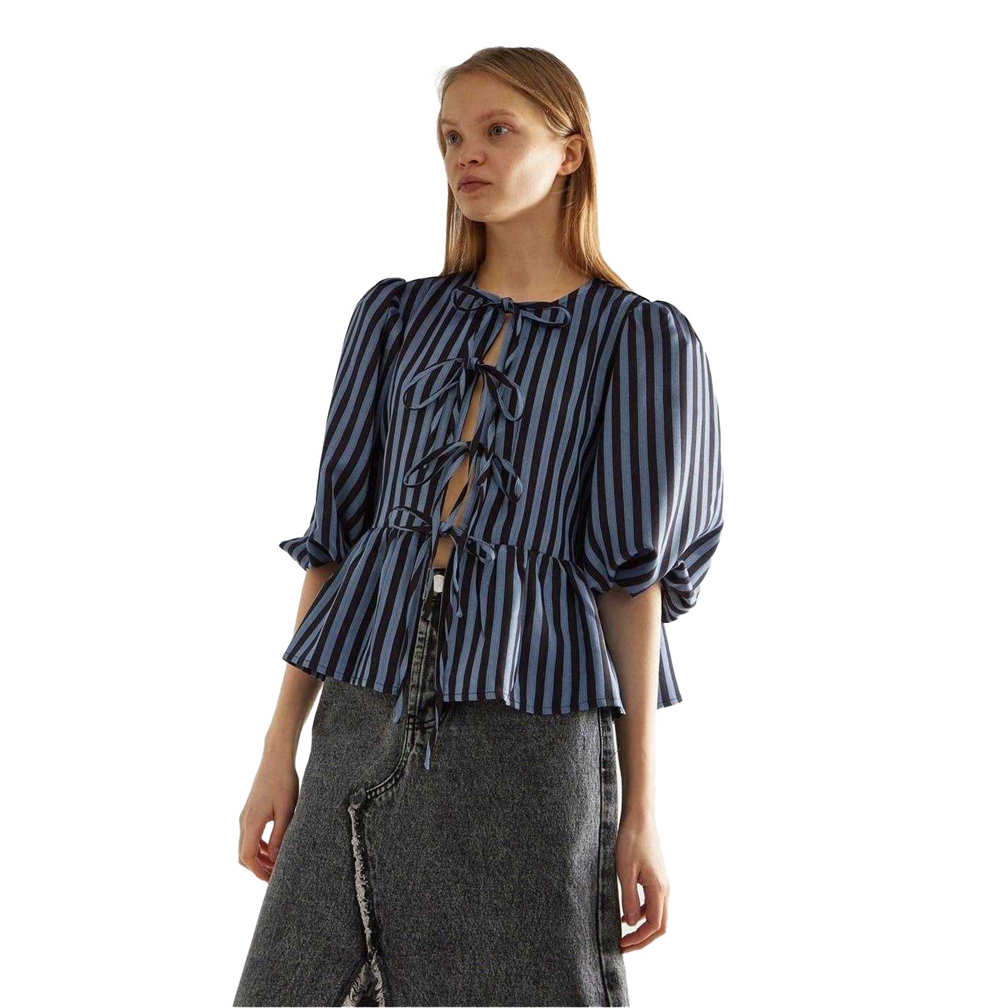 Blue - Front - Glamorous Womens-Ladies Striped Polyester Front Tie Puff Sleeve Top