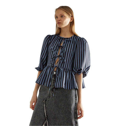 Blue - Front - Glamorous Womens-Ladies Striped Polyester Front Tie Puff Sleeve Top
