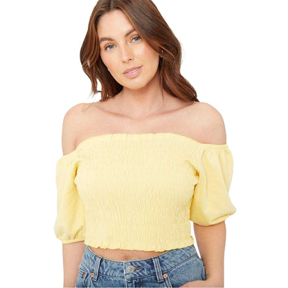 Lemon - Side - Be You Womens-Ladies Off Shoulder Regular Puff Sleeve Crop Top