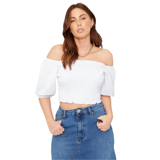 White - Front - Be You Womens-Ladies Off Shoulder Regular Puff Sleeve Crop Top
