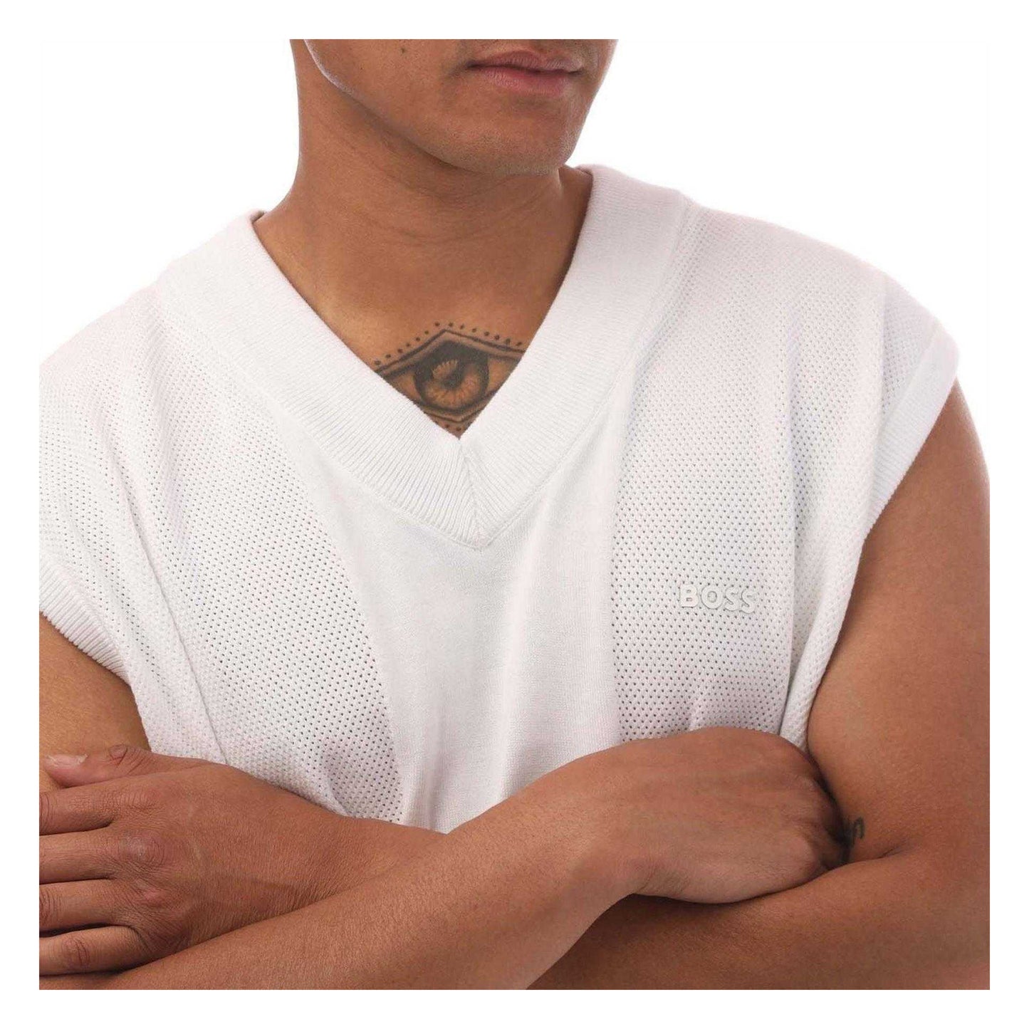 White - Side - Boss Mens Knitted Relaxed Fit Sweater Vest