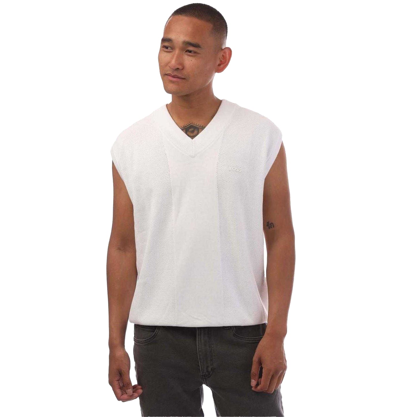 White - Front - Boss Mens Knitted Relaxed Fit Sweater Vest