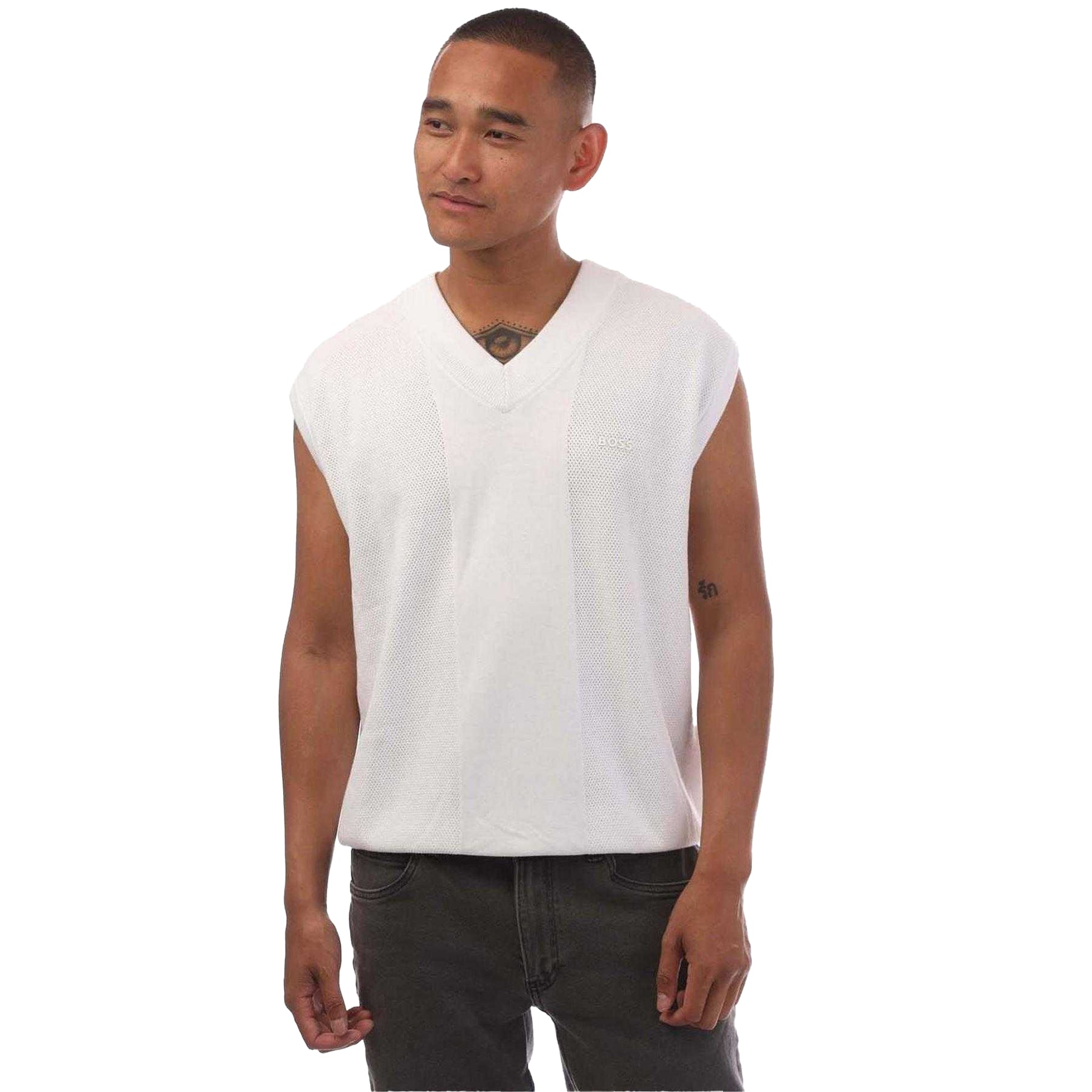 White - Front - Boss Mens Knitted Relaxed Fit Sweater Vest