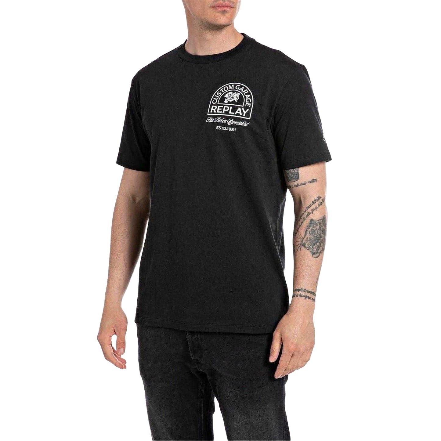Black - Front - Replay Mens Moto Logo Regular T-Shirt