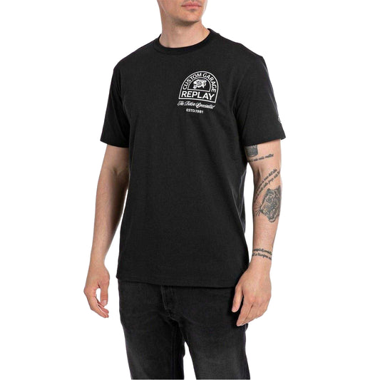 Black - Front - Replay Mens Moto Logo Regular T-Shirt