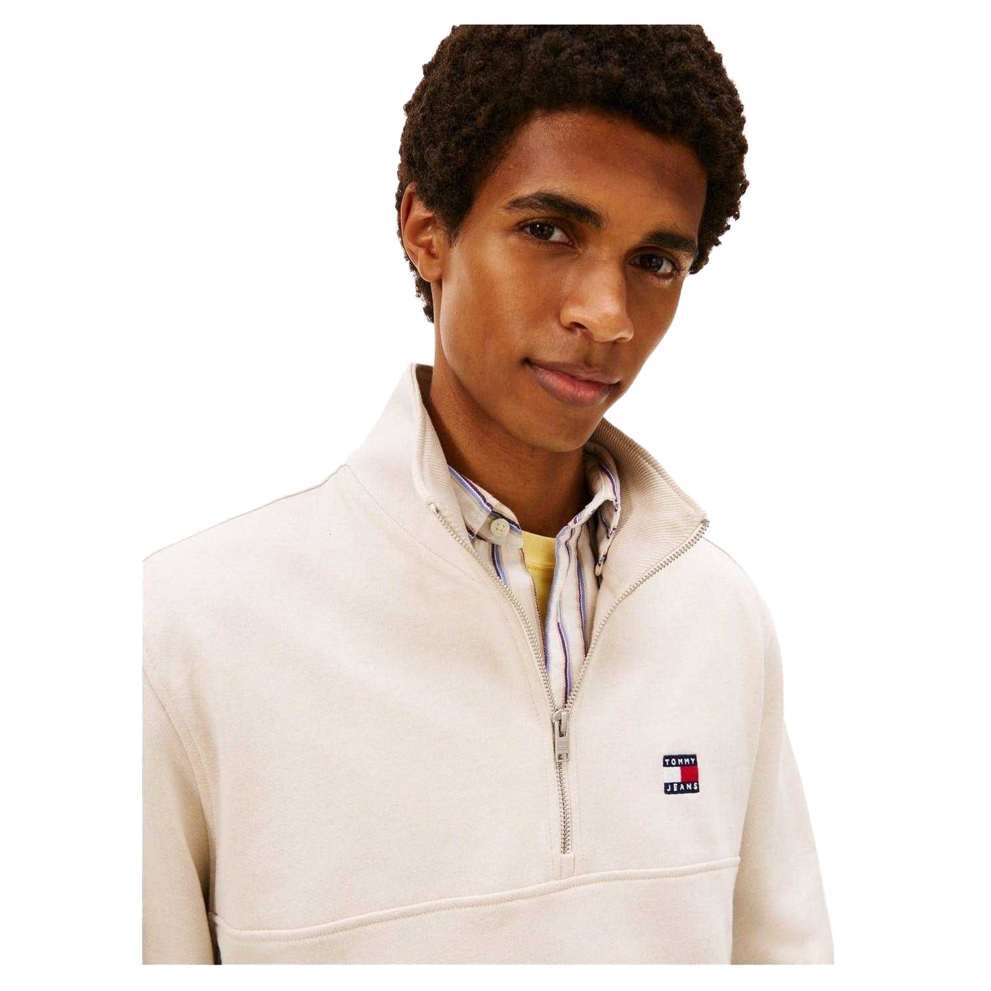 Antique White - Side - Tommy Jeans Mens Timberland Logo Zip Neck Sweatshirt