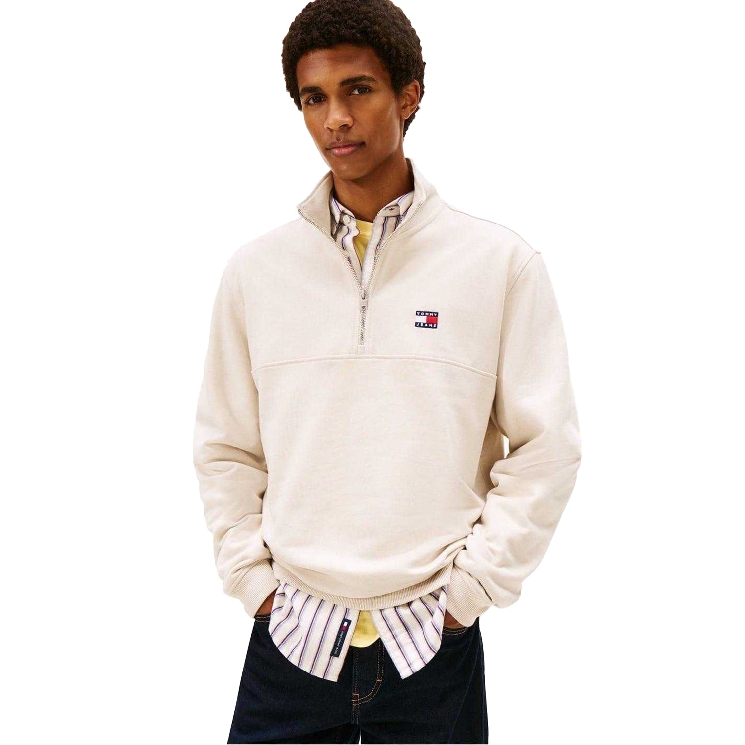 Antique White - Lifestyle - Tommy Jeans Mens Timberland Logo Zip Neck Sweatshirt