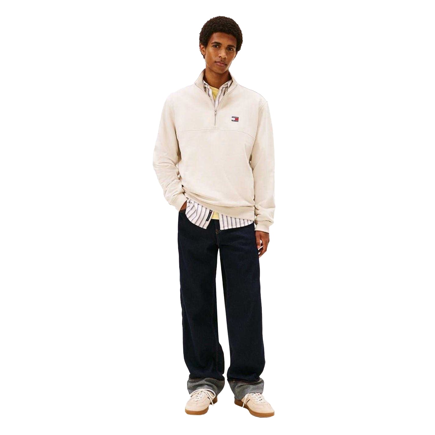 Antique White - Pack Shot - Tommy Jeans Mens Timberland Logo Zip Neck Sweatshirt