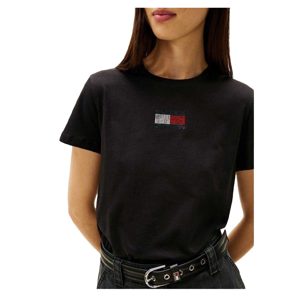 Black - Side - Tommy Jeans Womens-Ladies Diamante Logo Regular T-Shirt