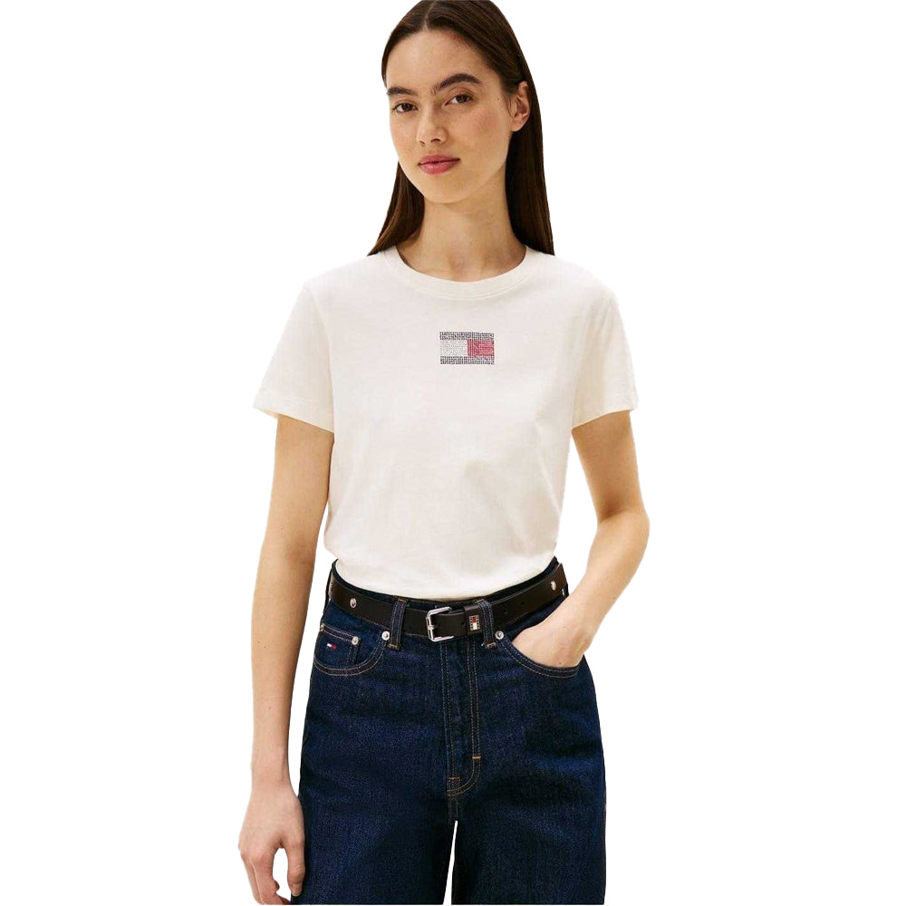 Antique White - Lifestyle - Tommy Jeans Womens-Ladies Diamante Logo Regular T-Shirt