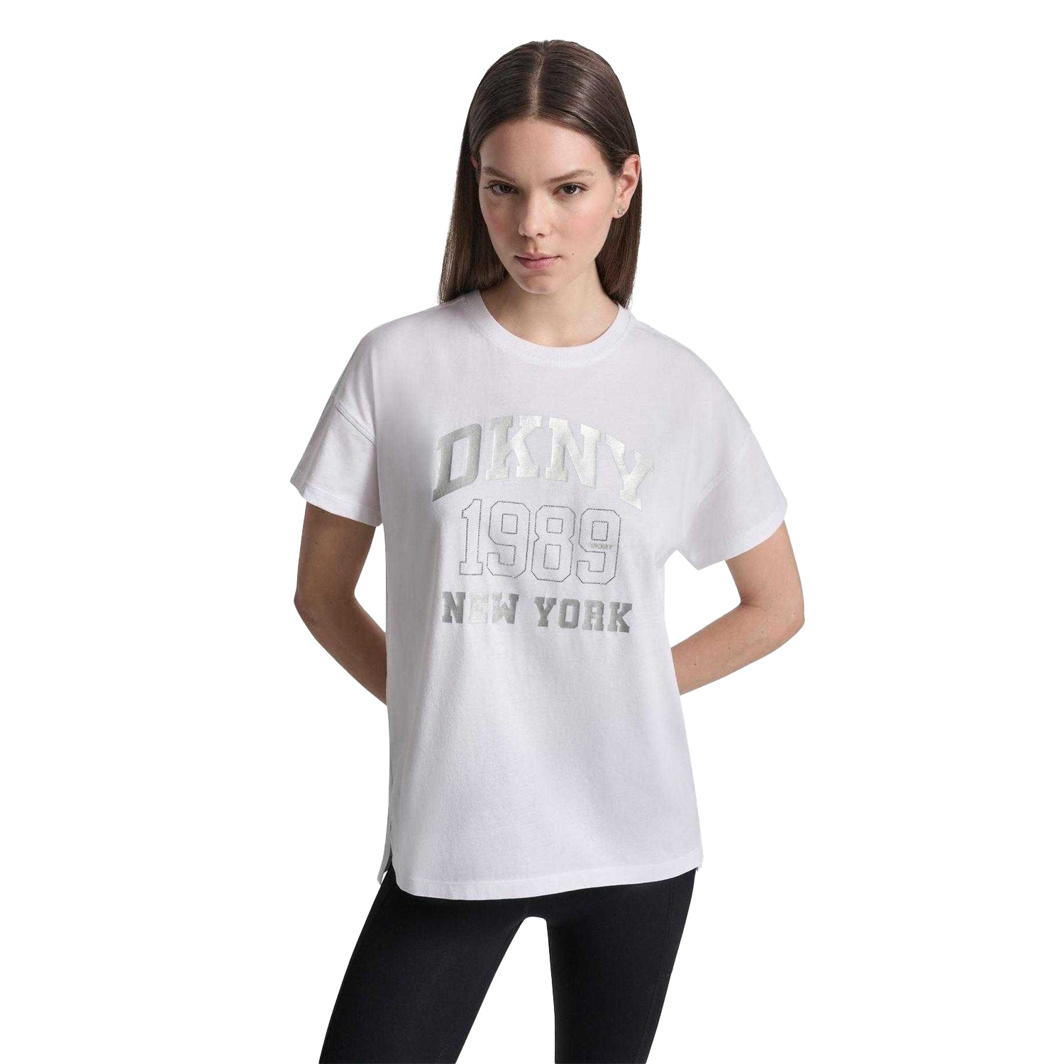 White - Side - DKNY Womens-Ladies 1989 Shimmer Regular T-Shirt