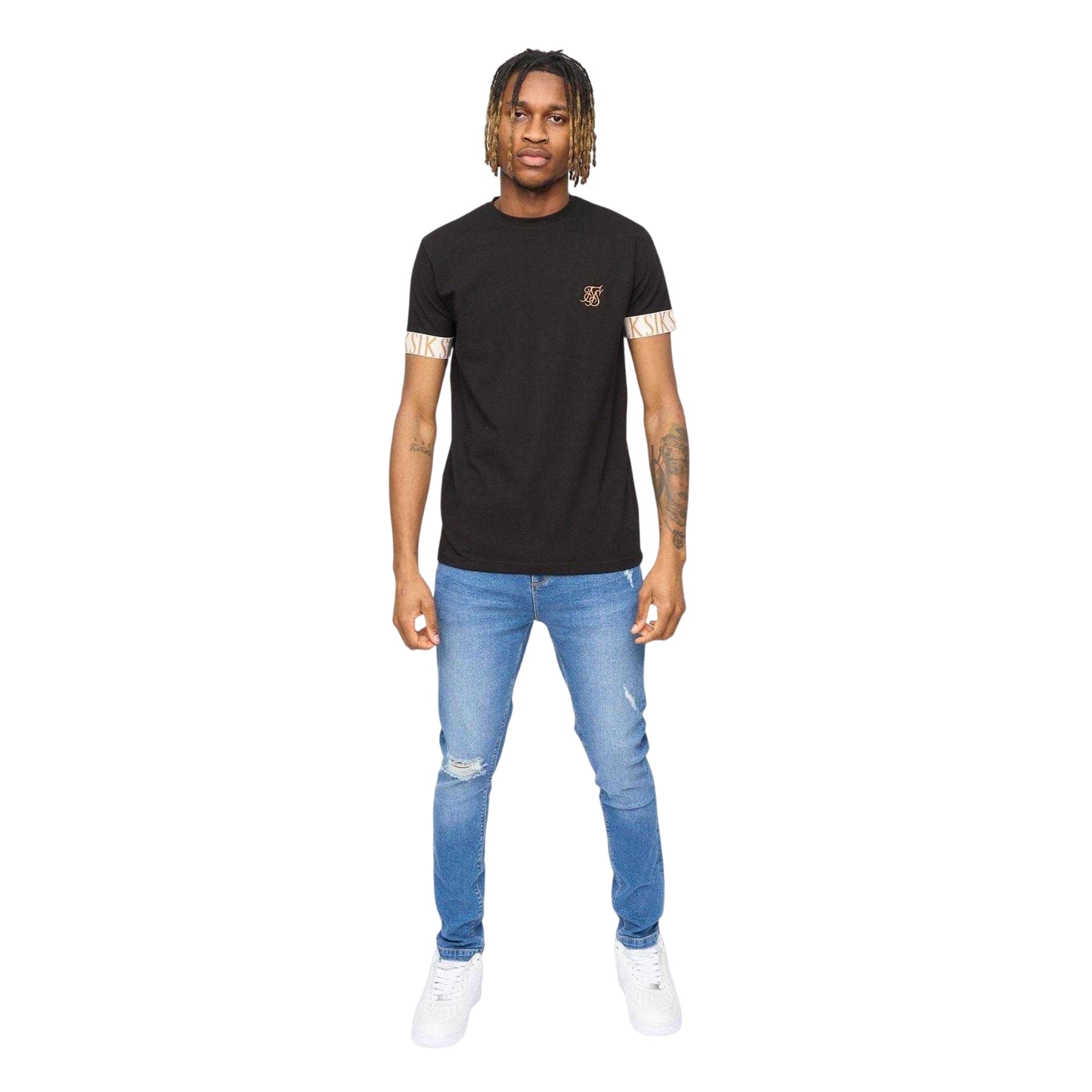 Black - Side - SikSilk Mens Tech Logo Branded Sleeve T-Shirt