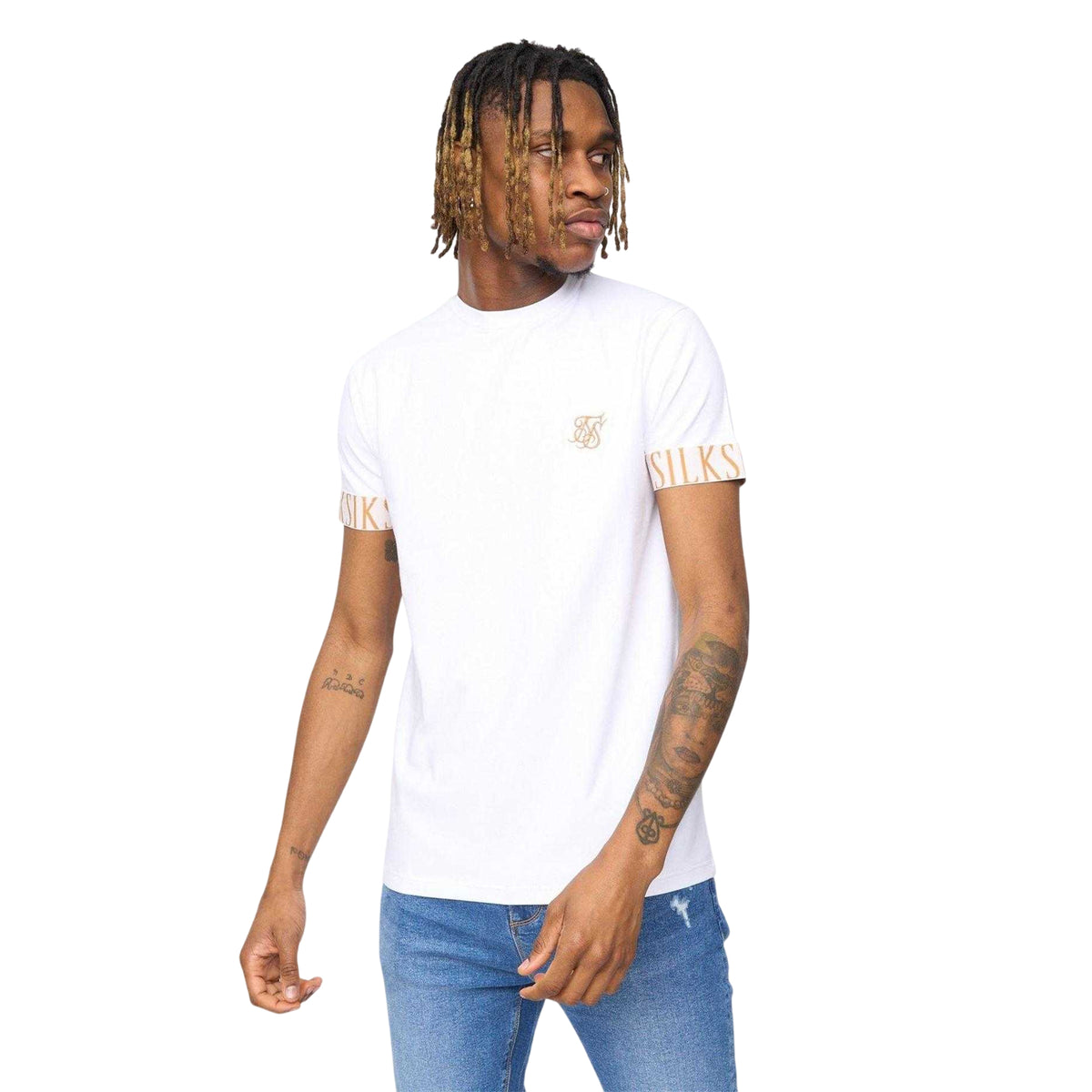 White - Front - SikSilk Mens Tech Logo Branded Sleeve T-Shirt