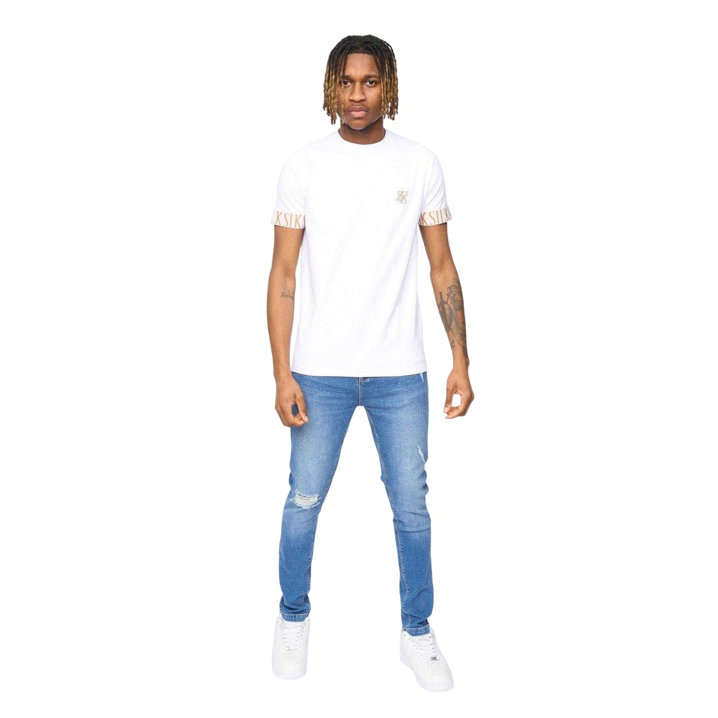 White - Side - SikSilk Mens Tech Logo Branded Sleeve T-Shirt