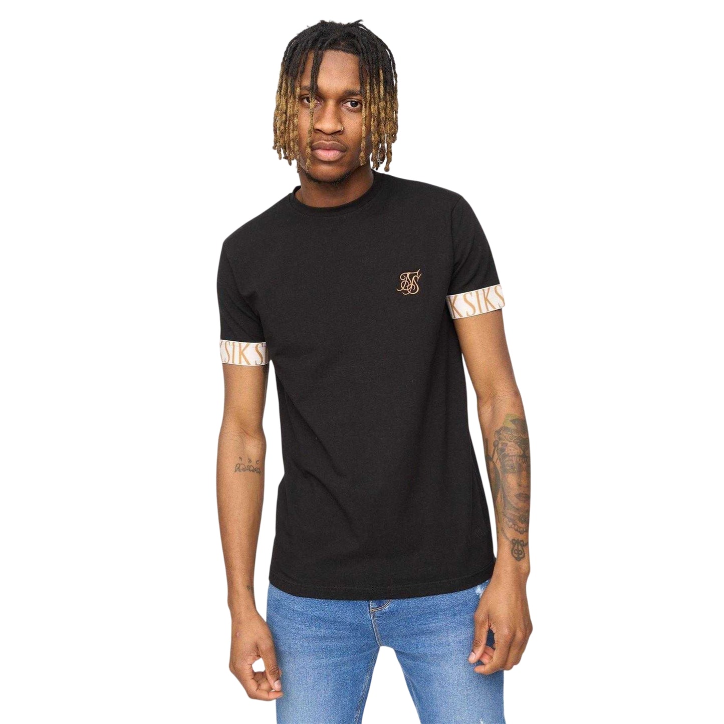 Black - Front - SikSilk Mens Tech Logo Branded Sleeve T-Shirt