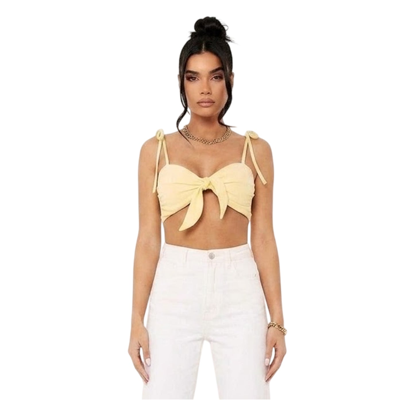 Lemon - Front - Missy Empire Womens-Ladies Strappy Front Tie Crop Top