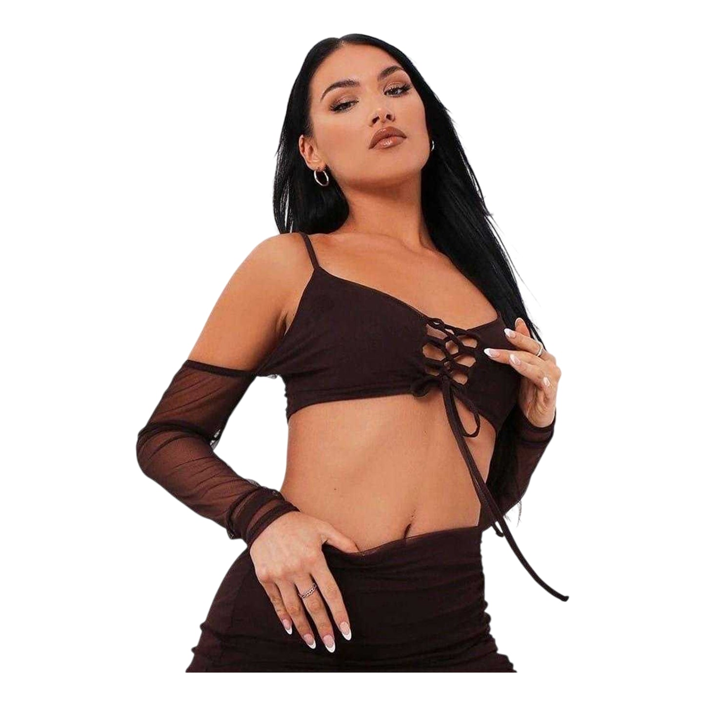 Chocolate - Back - Missy Empire Womens-Ladies Lace Up Mesh Crop Top