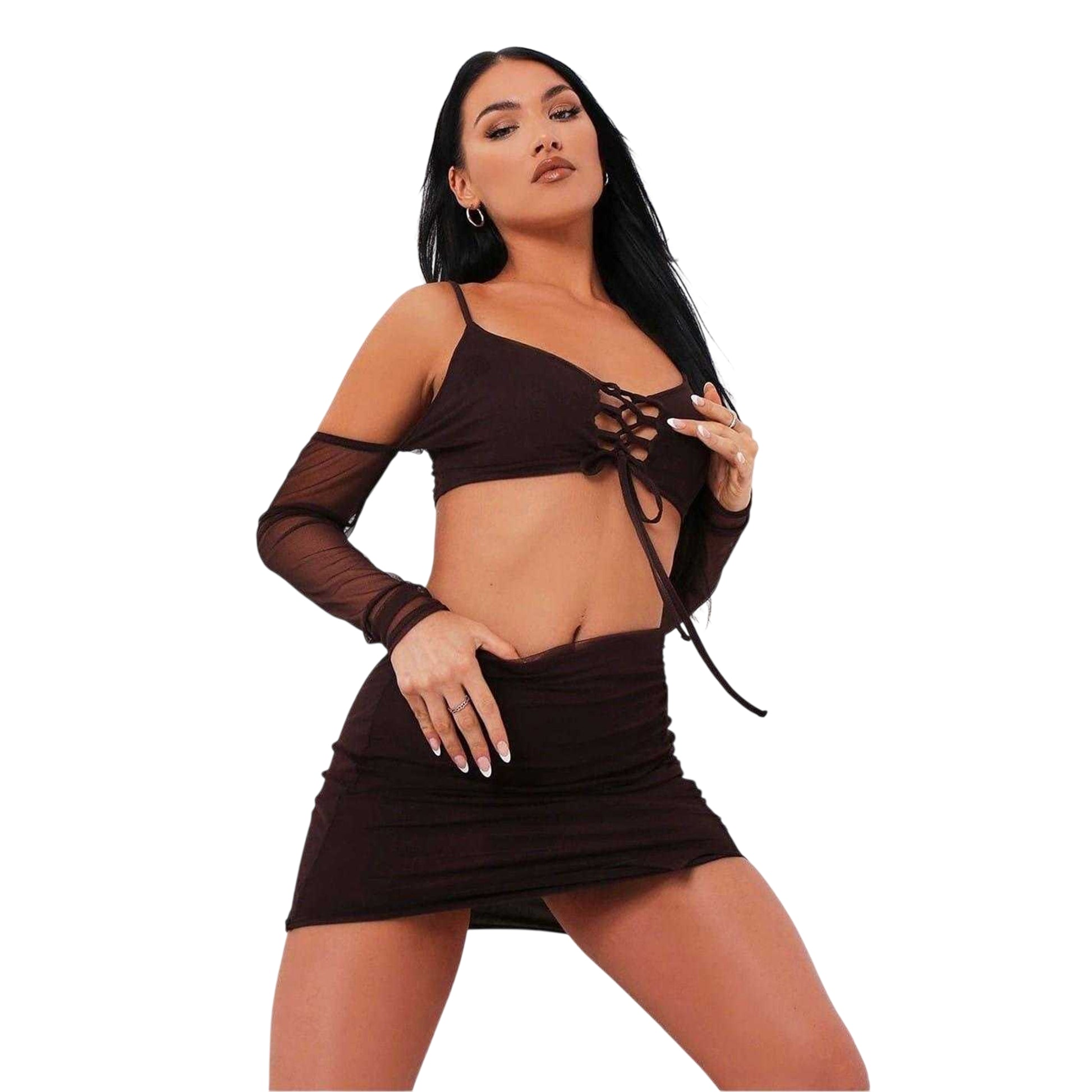 Chocolate - Front - Missy Empire Womens-Ladies Lace Up Mesh Crop Top