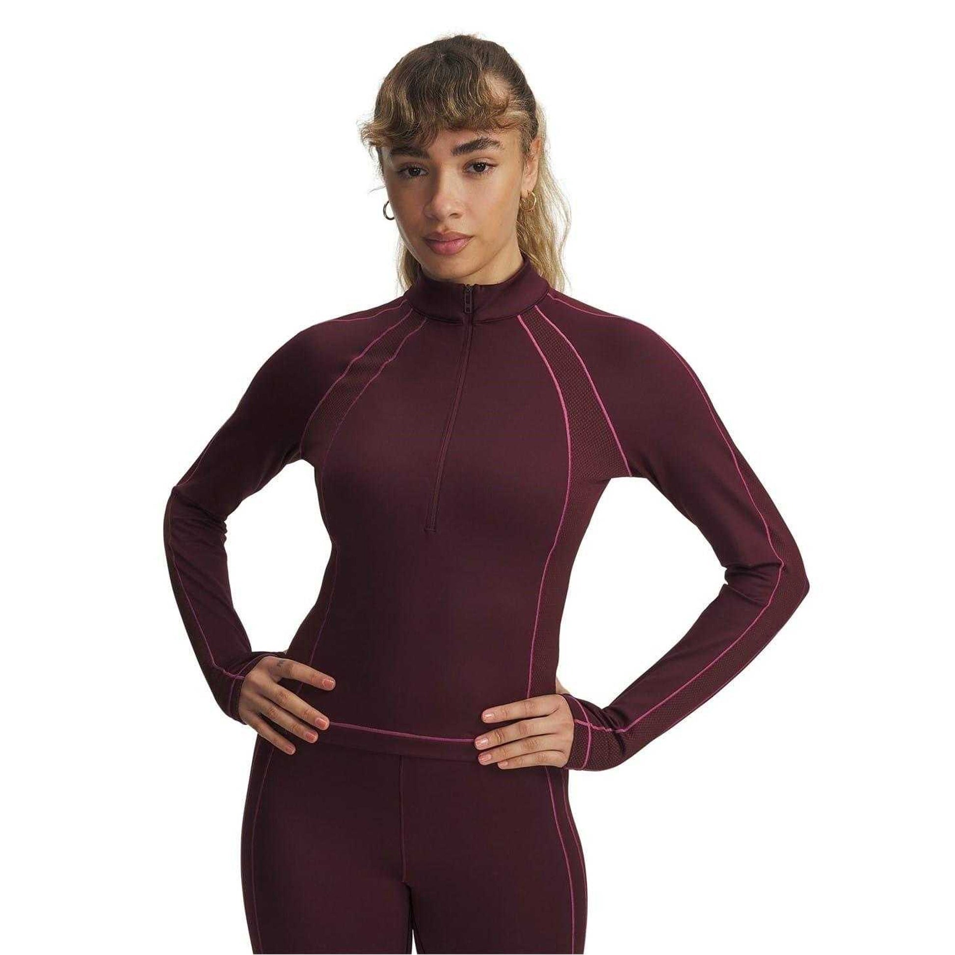 Dark Maroon - Front - Under Armour Womens-Ladies Textured ColdGear Half Zip Base Layer Top