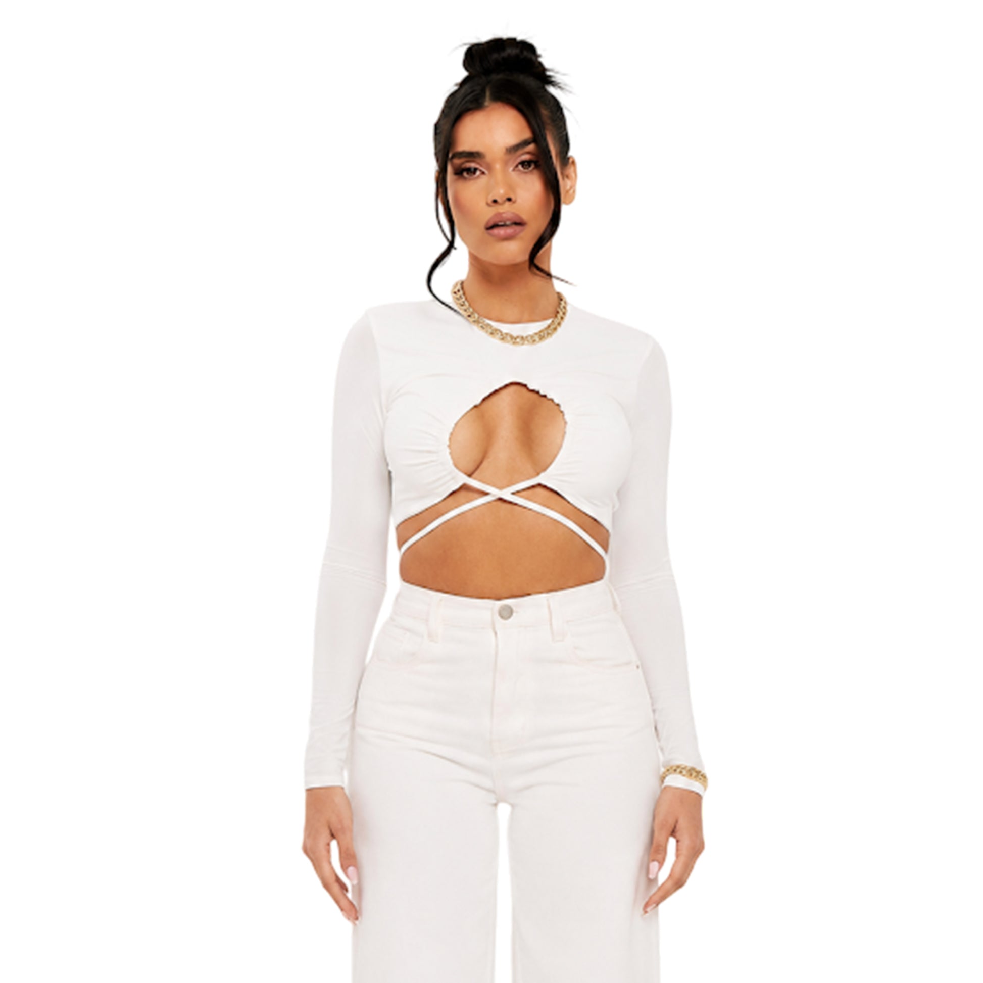 Ivory - Front - Missy Empire Womens-Ladies Ruched Cross Front Crop Top