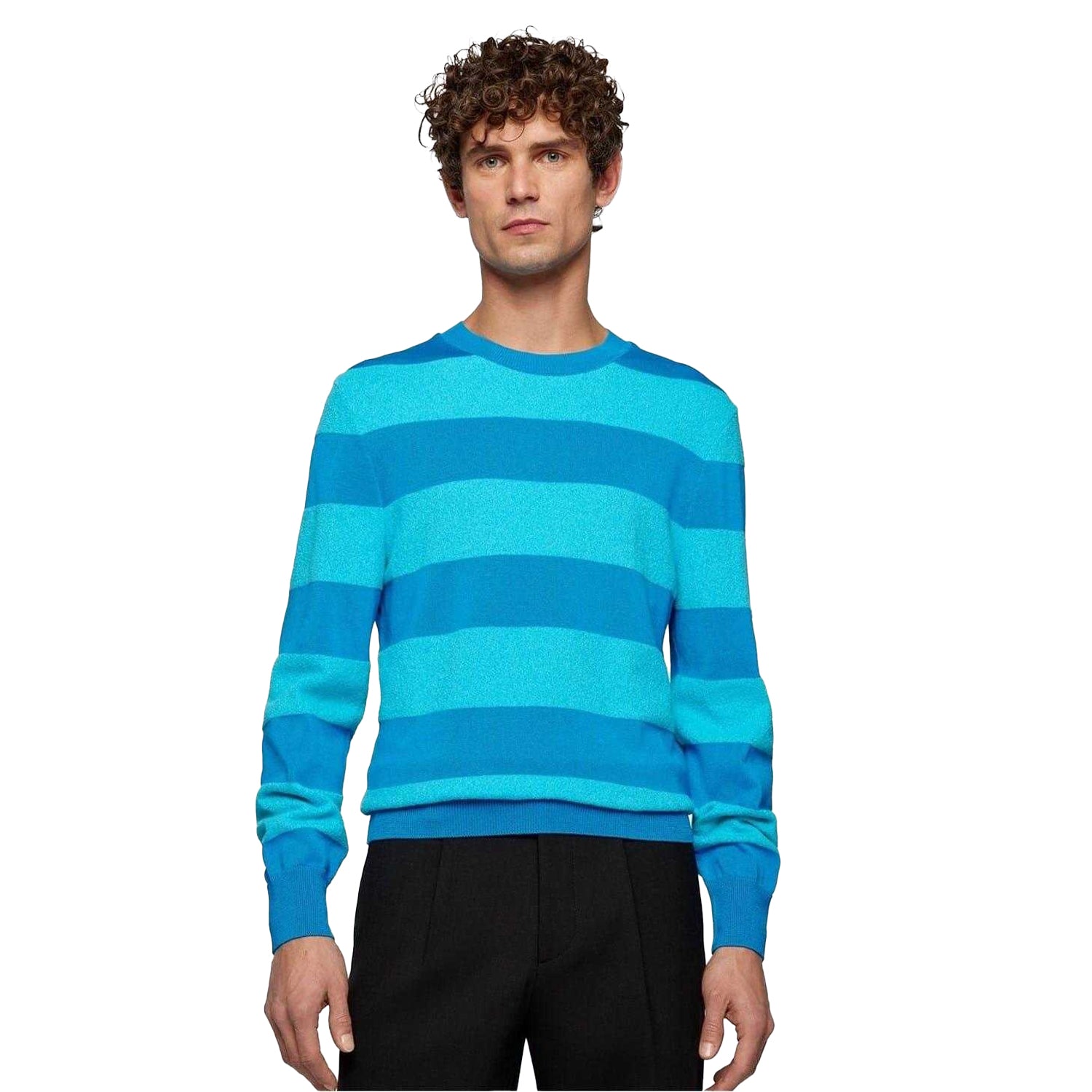 Bright Blue - Side - Boss Mens Eromeo Horizontal Stripe Regular Jumper