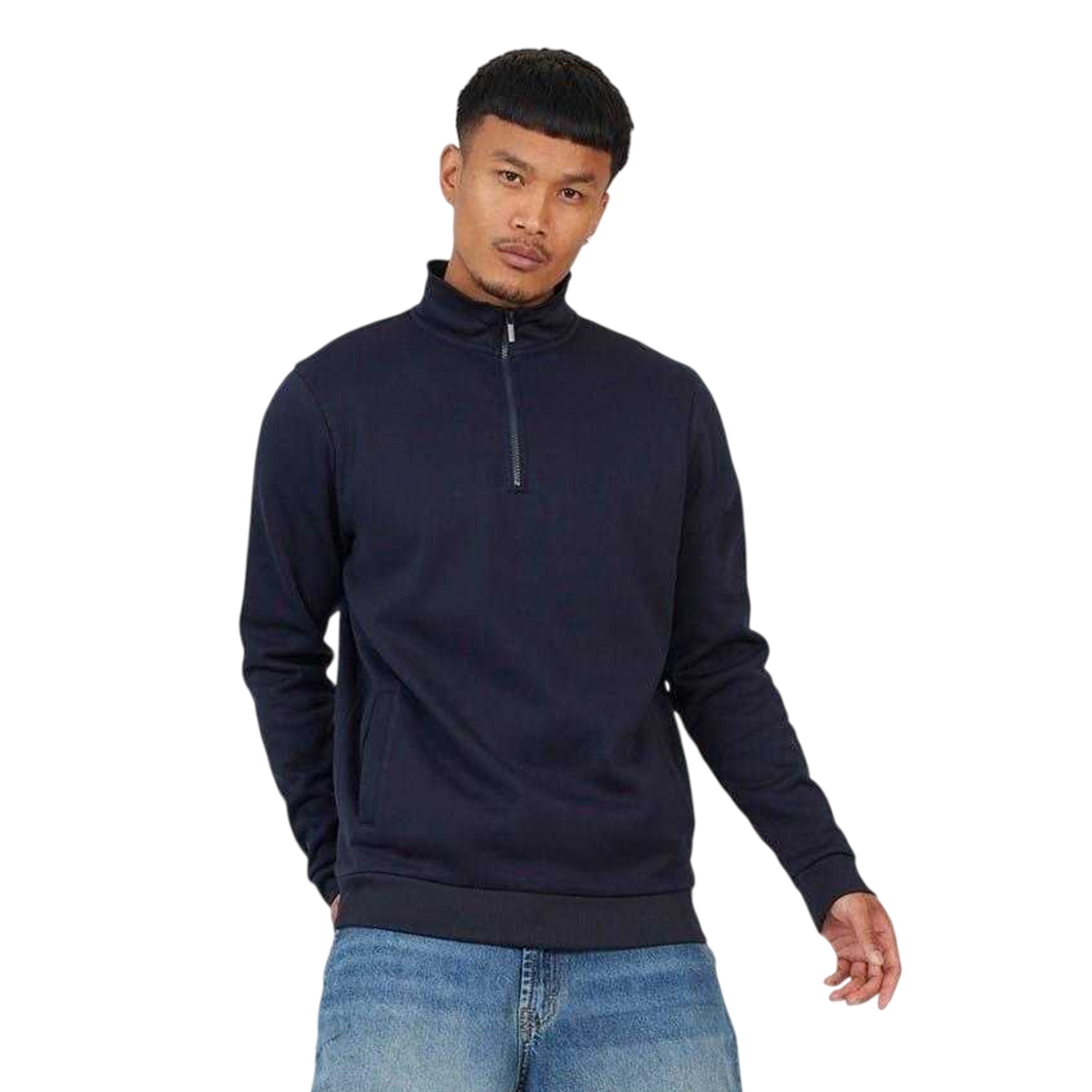 Navy - Front - Brave Soul Mens Funnel Neck Sweatshirt