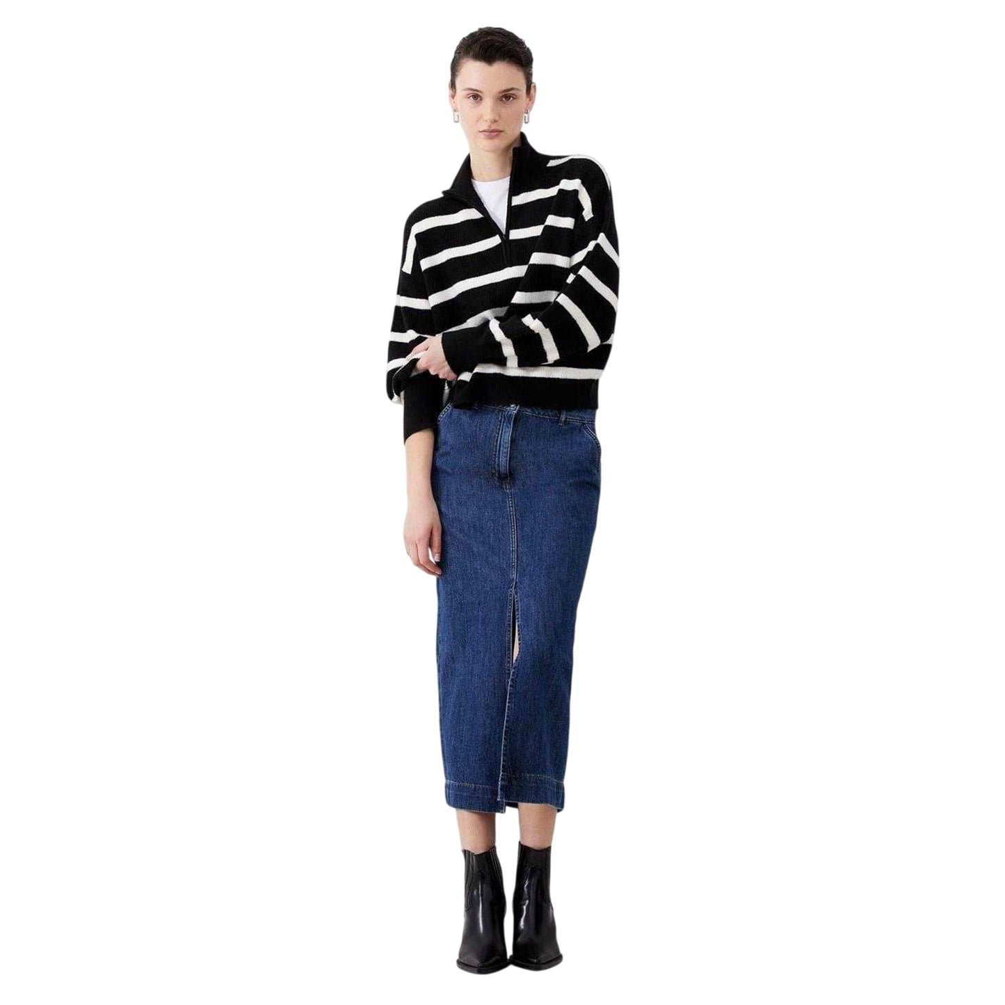 Black - Side - French Connection Unisex Adult Vhari Horizontal Stripe Zip Neck Relaxed Fit Sweater Top