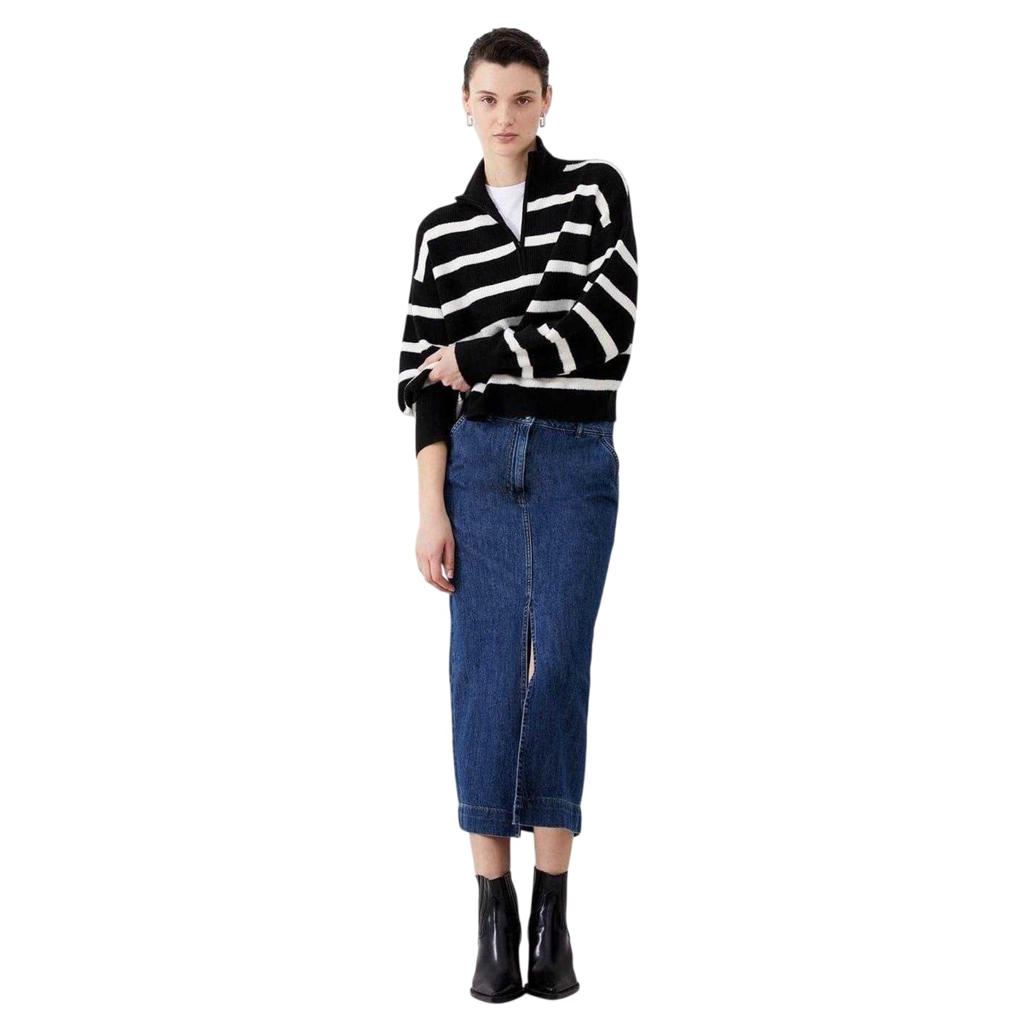 Black - Side - French Connection Unisex Adult Vhari Horizontal Stripe Zip Neck Relaxed Fit Sweater Top