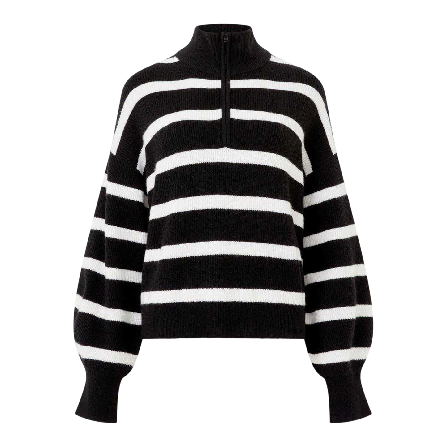 Black - Front - French Connection Unisex Adult Vhari Horizontal Stripe Zip Neck Relaxed Fit Sweater Top
