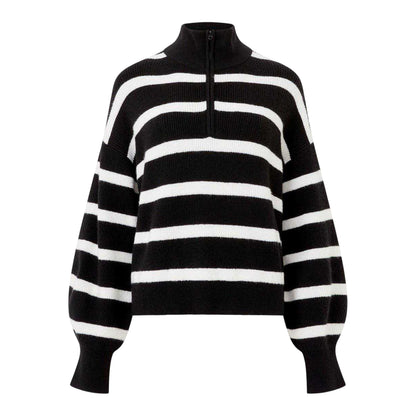 Black - Front - French Connection Unisex Adult Vhari Horizontal Stripe Zip Neck Relaxed Fit Sweater Top