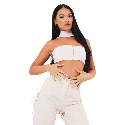 Sand - Front - Missy Empire Womens-Ladies Ribbed Bandeau Crop Top