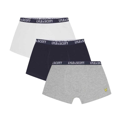 Navy-Grey-White - Front - Lyle & Scott Boys Cotton Blend Boxer Shorts