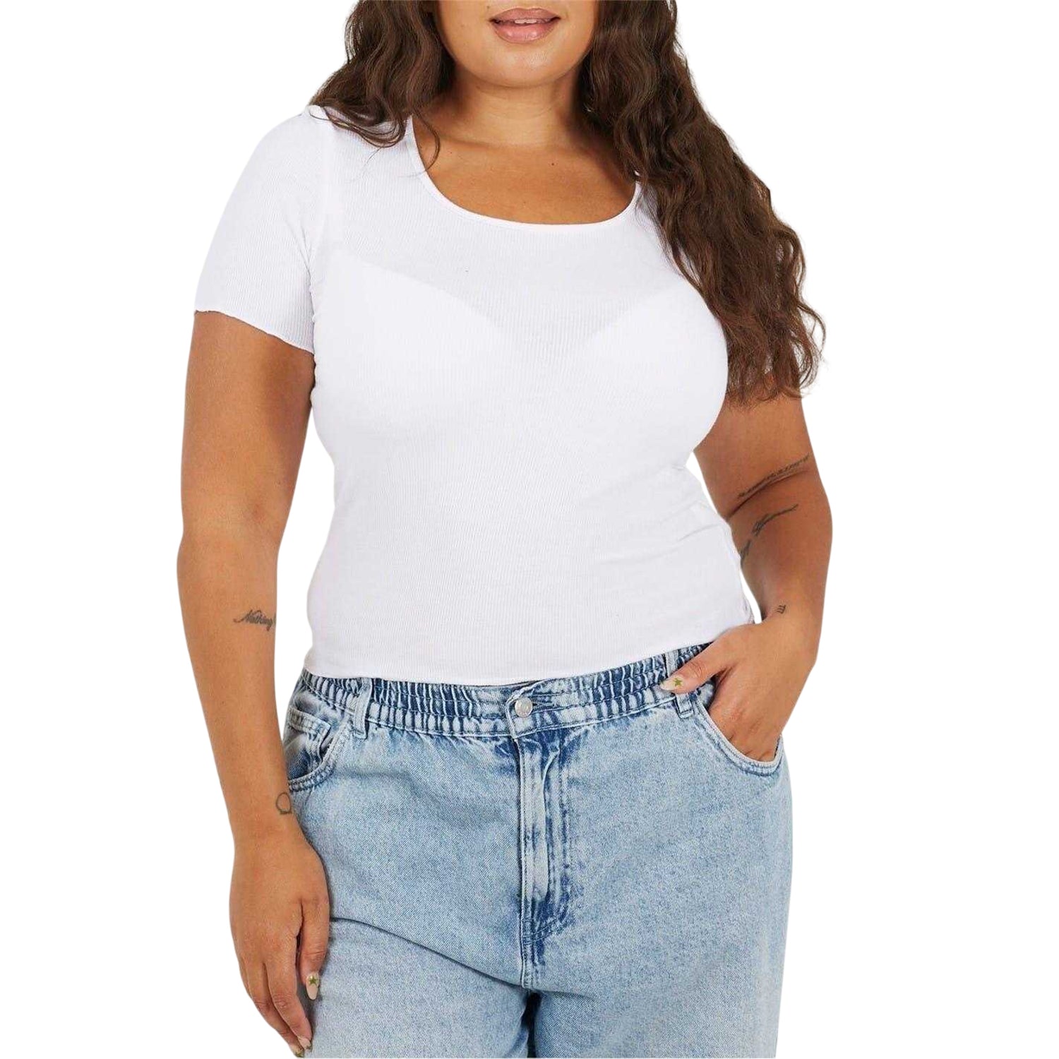 White - Front - Brave Soul Womens-Ladies Scoop Neck Plus Slim T-Shirt