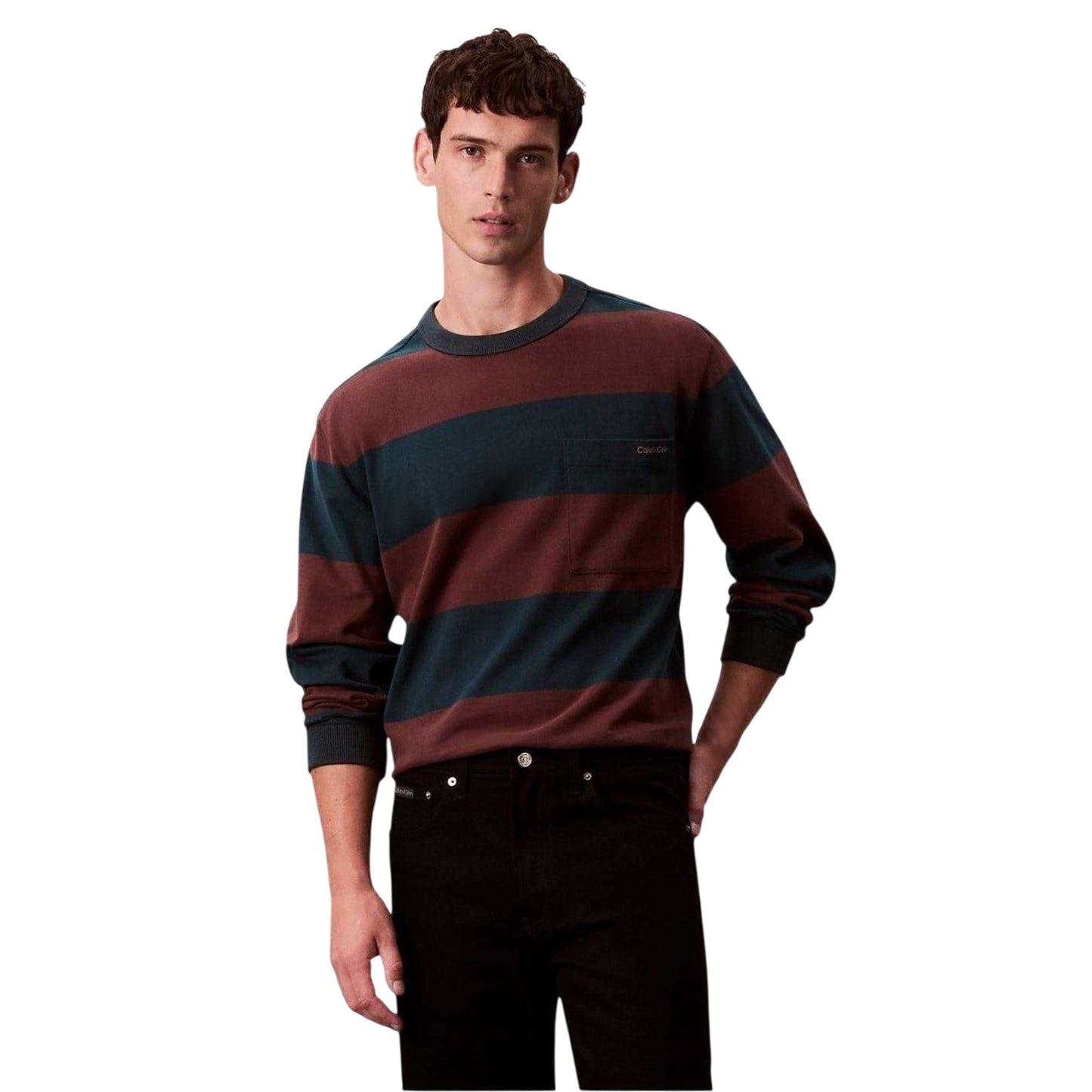 Navy - Back - Calvin Klein Mens Jeans Stripe Relaxed Fit Long-Sleeved T-Shirt