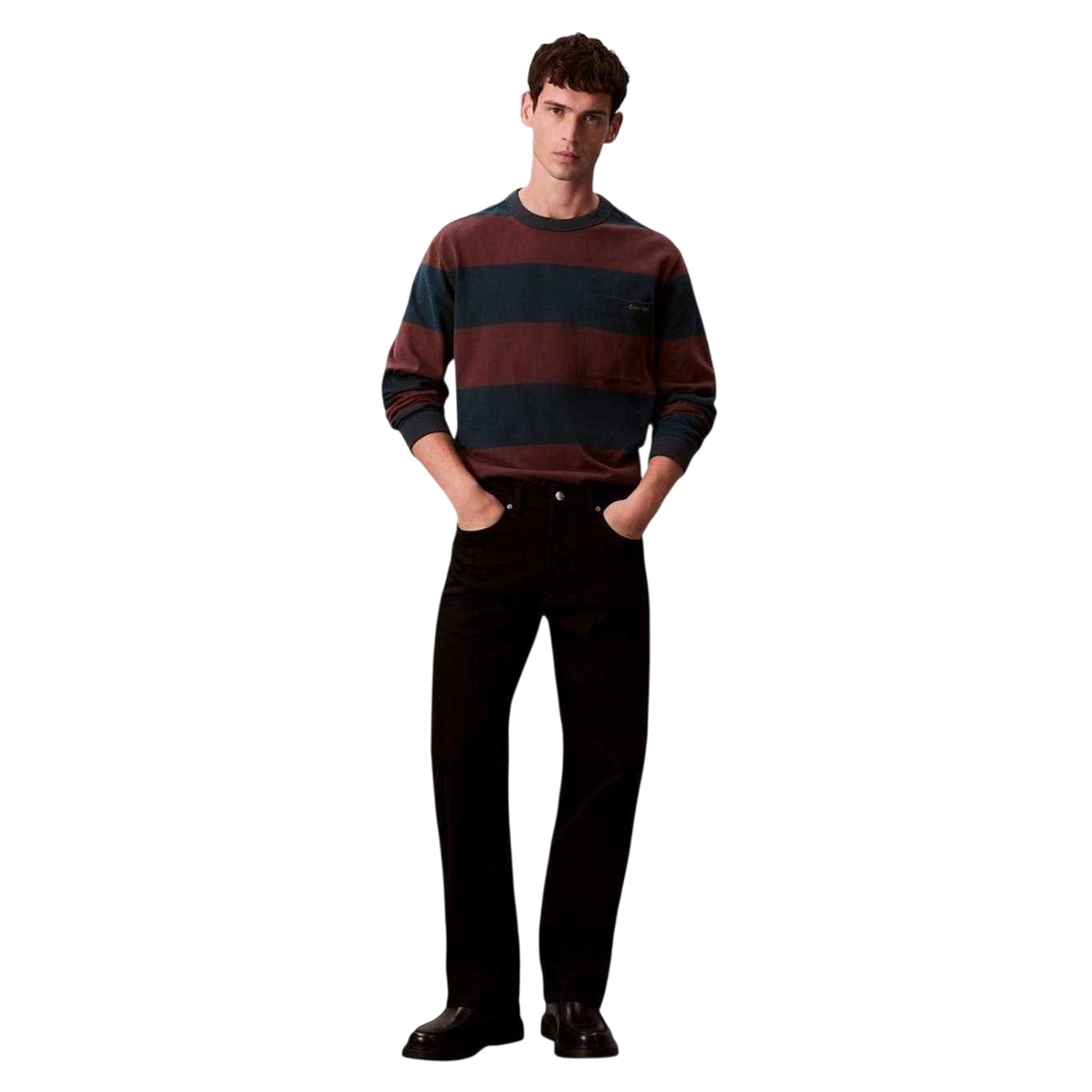 Navy - Side - Calvin Klein Mens Jeans Stripe Relaxed Fit Long-Sleeved T-Shirt