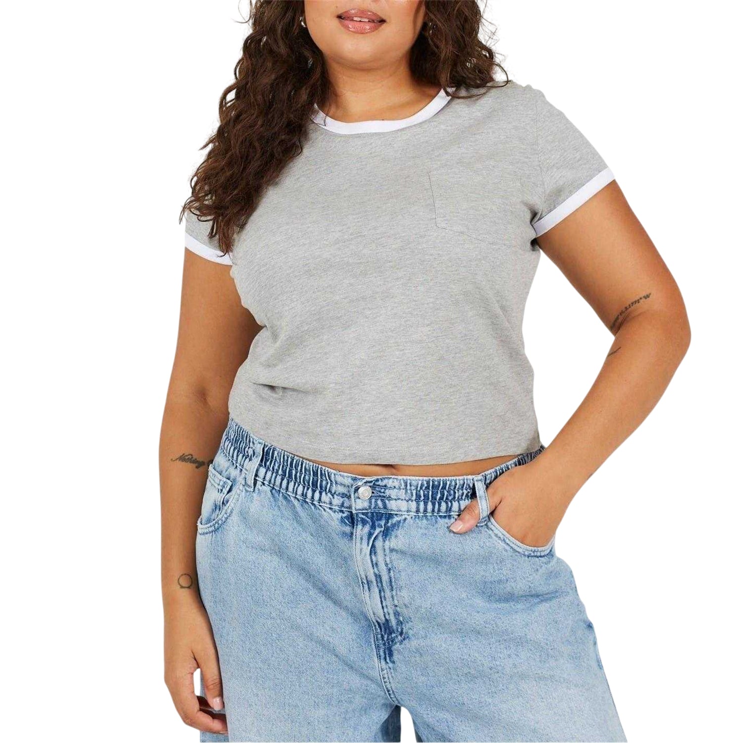Grey-White - Front - Brave Soul Womens-Ladies Ringer Crew Neck Plus T-Shirt