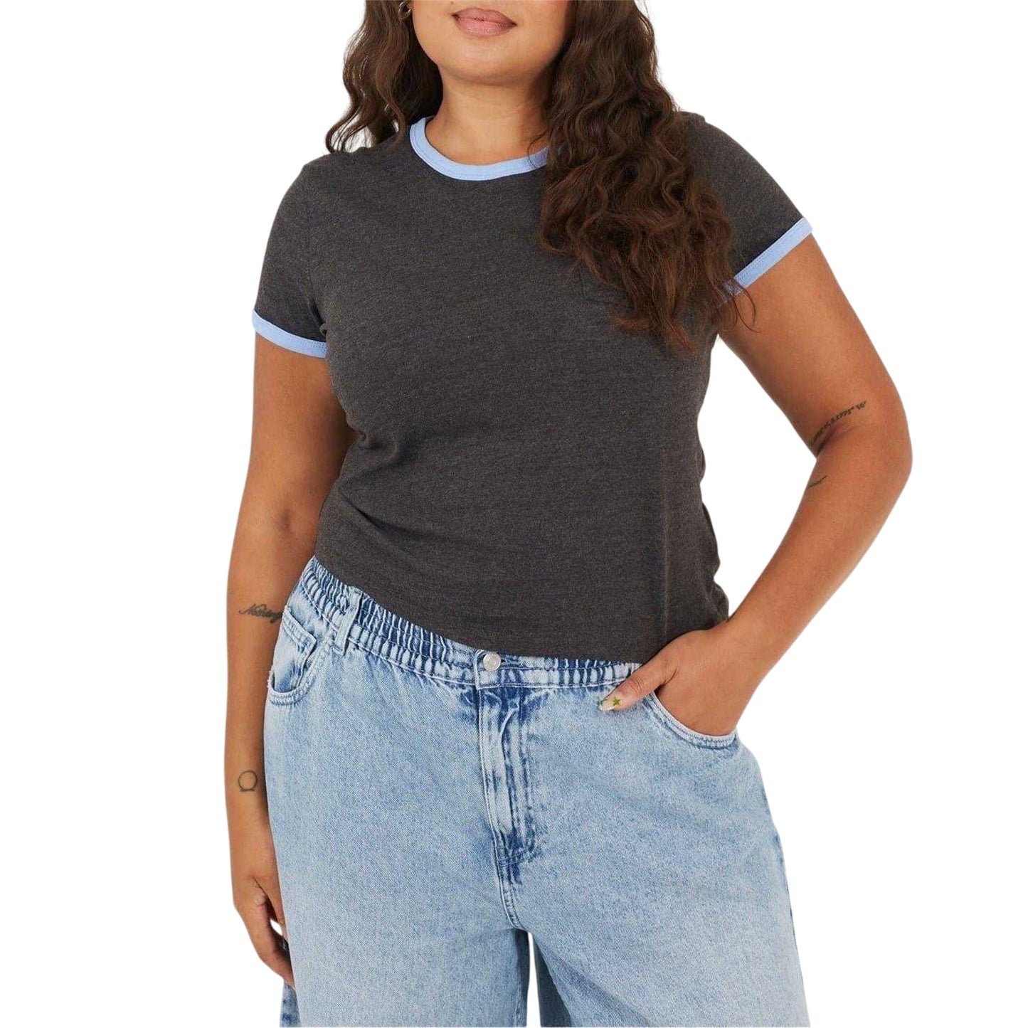 Charcoal-Cornflower - Front - Brave Soul Womens-Ladies Ringer Crew Neck Plus T-Shirt