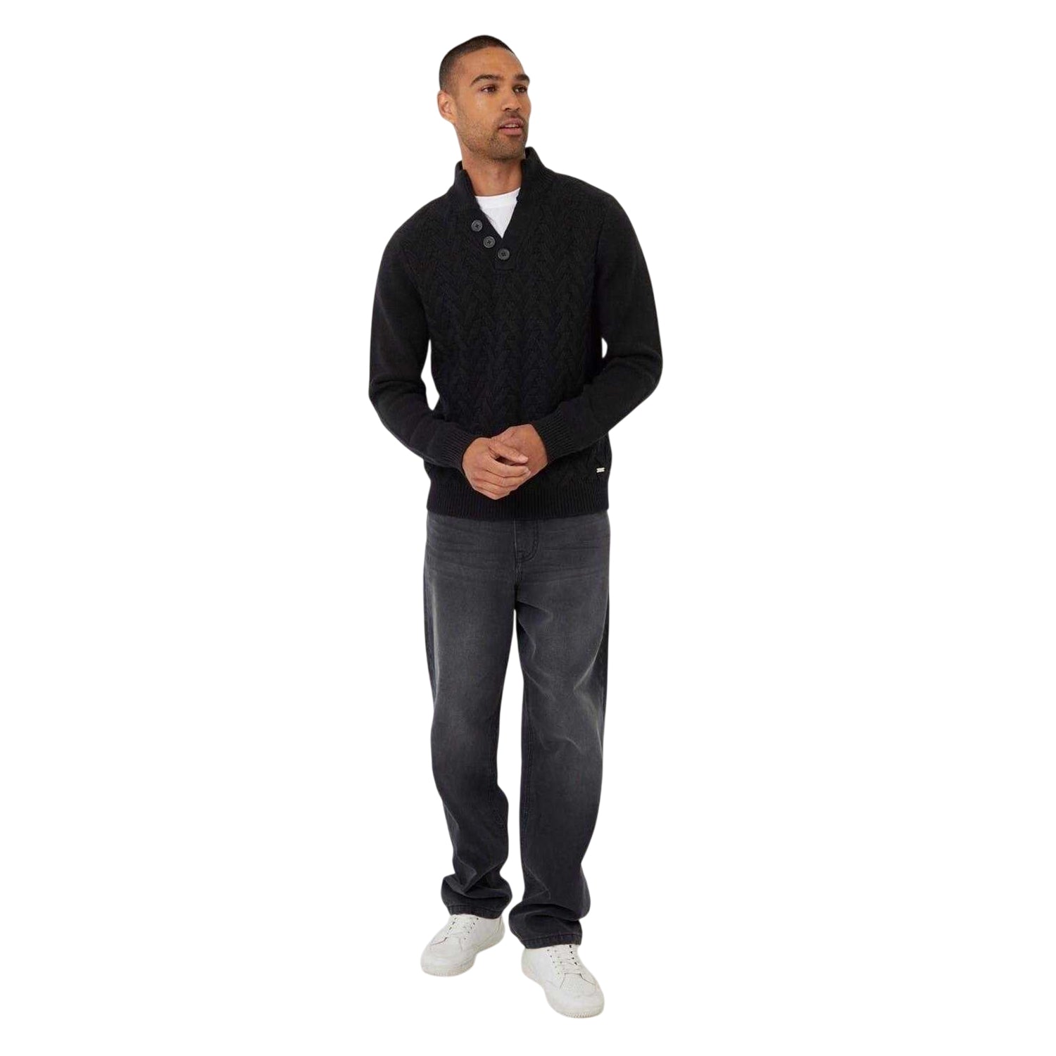 Black - Side - Threadbare Mens Cable Knit Regular Jumper