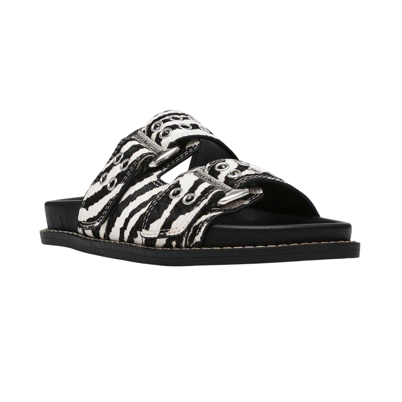 White-Black - Front - Steve Madden Womens-Ladies Agent Zebra Print Sliders