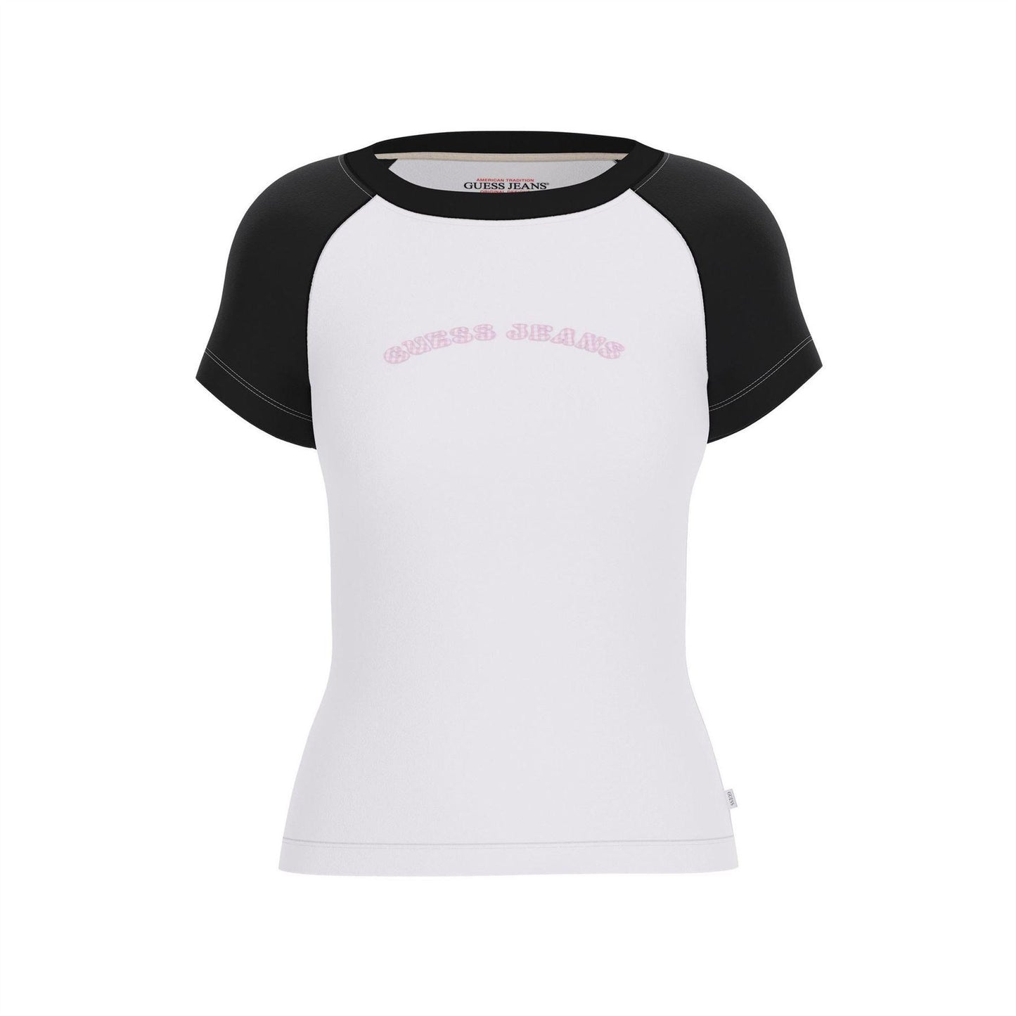 White - Front - Guess Womens-Ladies Curved Logo Slim Raglan T-Shirt