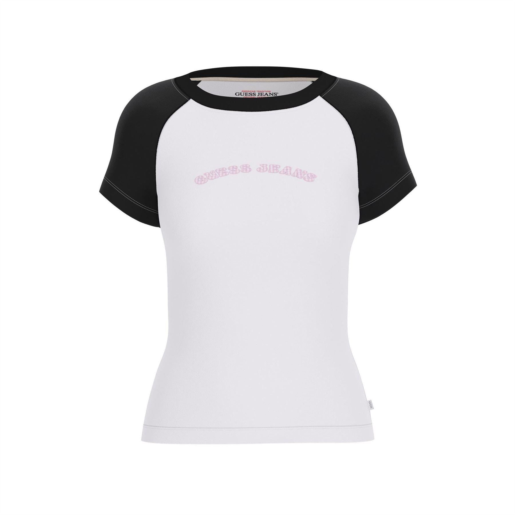 White - Front - Guess Womens-Ladies Curved Logo Slim Raglan T-Shirt