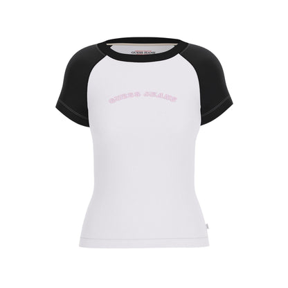 White - Front - Guess Womens-Ladies Curved Logo Slim Raglan T-Shirt