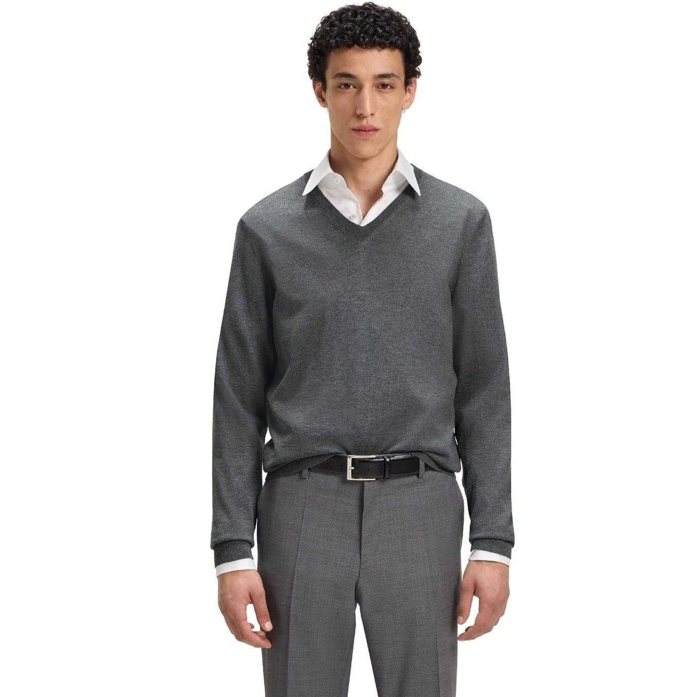 Medium Grey - Front - Boss Mens Knitted Regular Formal Pullover
